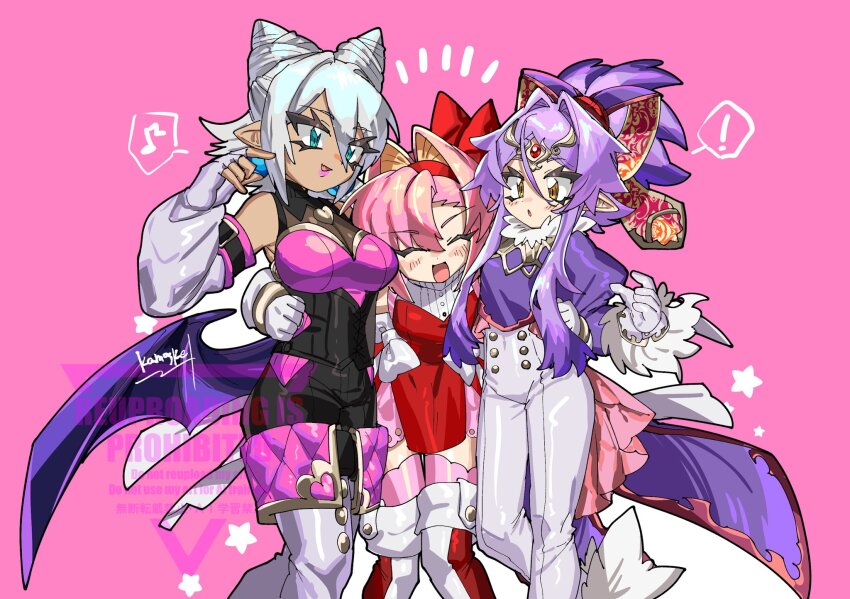 !, 3girls, amy_rose, arm_around_another's_waist, black_bodysuit, blaze_the_cat, blue_eyes, bodysuit