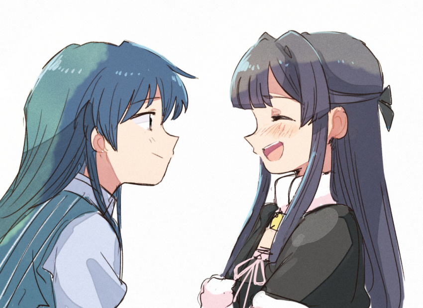 2girls, alternate_costume, black_hair, blue_hair, blush, closed_eyes, closed_mouth, cosplay