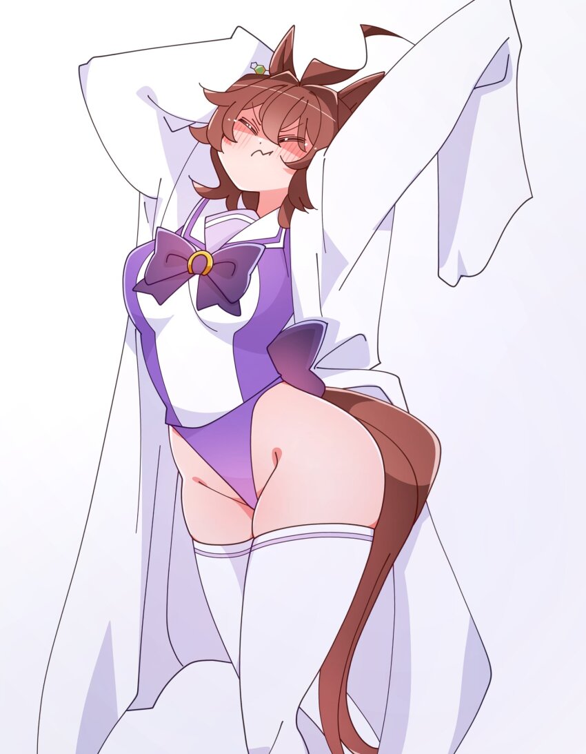 1girl, agnes_tachyon_(umamusume), ahoge, animal_ears, arms_up, blush, bow, brown_hair