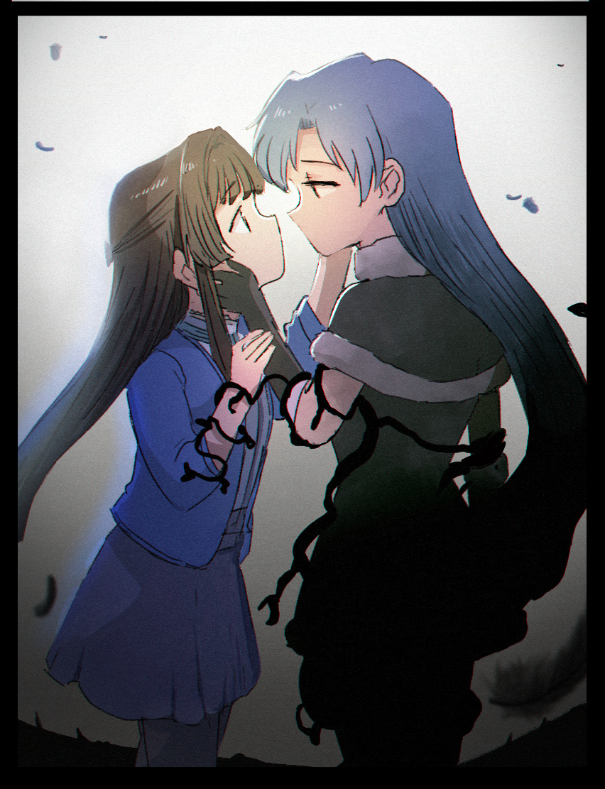 2girls, black_dress, black_hair, blue_cardigan, blue_hair, cardigan, cowboy_shot, cute_&amp;_girly_(idolmaster)