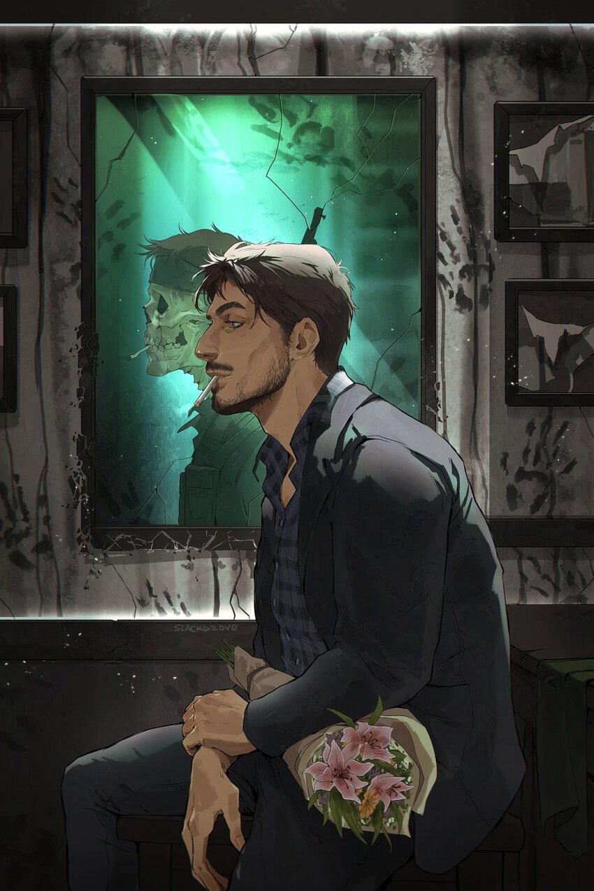 1boy, adam's_apple, beard, black_jacket, black_pants, blue_eyes, blue_shirt, bouquet, brown_hair, buttons, cigarette, collared_shirt, commentary, crack, cracked_glass, death_stranding, death_stranding_2:_on_the_beach, different_reflection, english_commentary, facial_hair, feet_out_of_frame, flower, handprint, highres, holding, jacket, lapels, leaf, male_focus, mirror, neil_vana, notched_lapels, open_clothes, open_collar, open_shirt, pants, photo_(object), pink_flower, reflection, shirt, short_sideburns, sideburns, sitting, skull, slackdzove, smoking, solo, suit_jacket, teeth