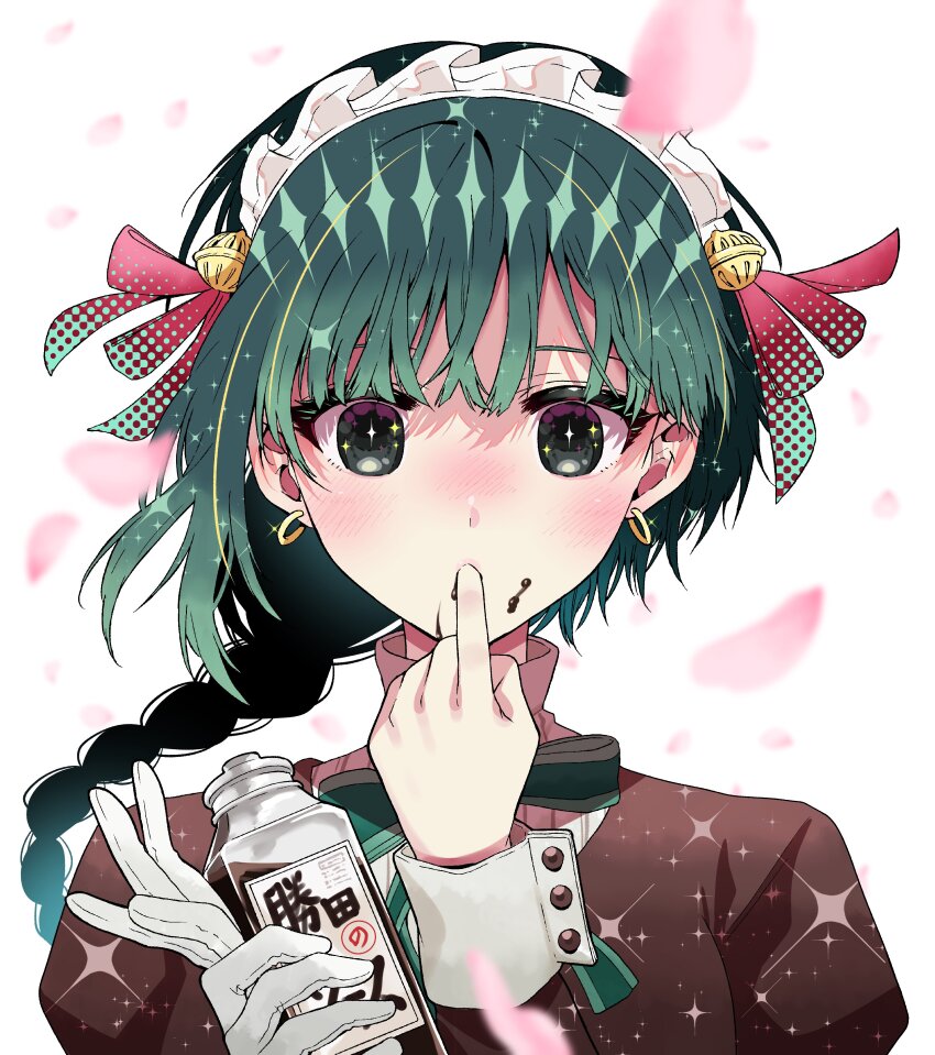 1girl, absurdres, black_dress, black_eyes, braid, closed_mouth, dress, earrings, finger_in_own_mouth, gloves, green_hair, hair_ribbon, hands_up, highres, hirakawa_aya, holding, holding_gloves, holding_unworn_clothes, hoop_earrings, jewelry, kimi_wa_meido-sama, long_hair, long_sleeves, looking_at_viewer, maid, maid_headdress, official_art, petals, puffy_sleeves, red_ribbon, ribbon, single_glove, solo, soy_sauce_bottle, unworn_gloves, upper_body, white_gloves, wrist_cuffs, yuki_(kimi_wa_meido-sama)