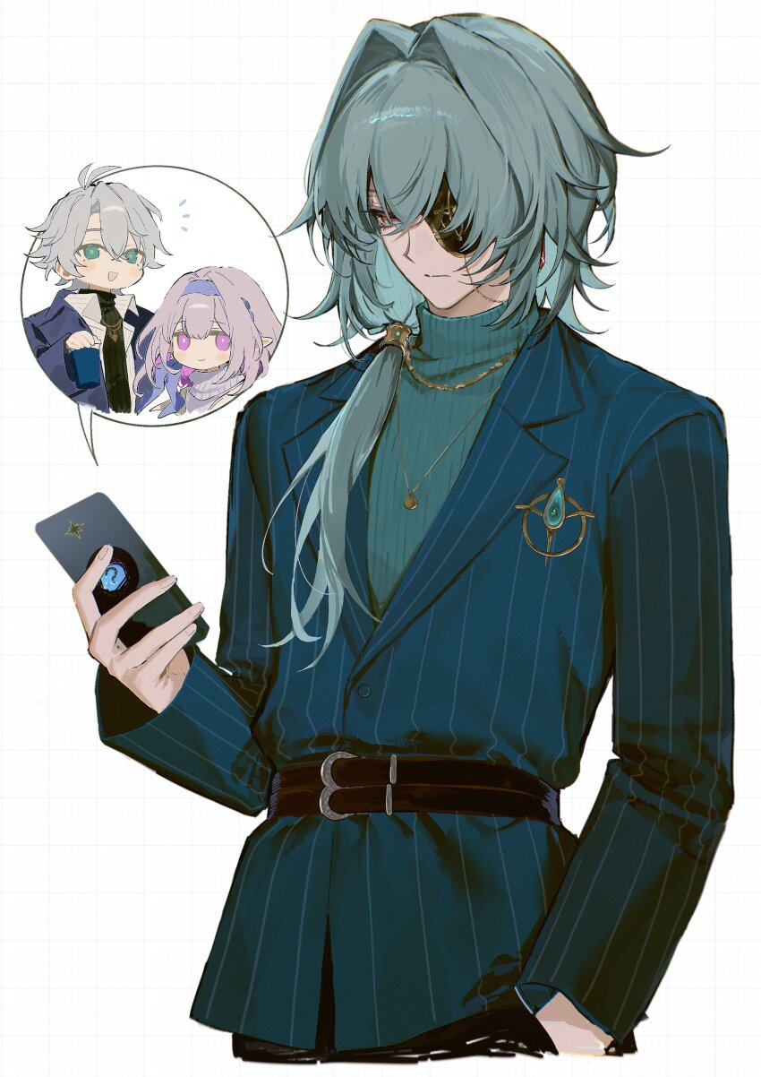 1boy, absurdres, anaxa_(honkai:_star_rail), anaxa_(world_tour_2025)_(honkai:_star_rail), belt, castorice_(honkai:_star_rail), castorice_(luckin_coffee)_(honkai:_star_rail), cellphone, closed_mouth, commentary_request, expressionless, green_hair, green_jacket, green_sweater, grid_background, hair_intakes, hair_over_shoulder, hand_in_pocket, highres, holding, holding_phone, honkai:_star_rail, honkai_(series), jacket, jewelry, long_hair, long_sleeves, looking_at_phone, male_focus, necklace, official_alternate_costume, phainon_(honkai:_star_rail), phainon_(luckin_coffee)_(honkai:_star_rail), phone, smartphone, solo, speech_bubble, spoken_character, striped_clothes, striped_jacket, sweater, turtleneck, turtleneck_sweater, white_background, zv0301