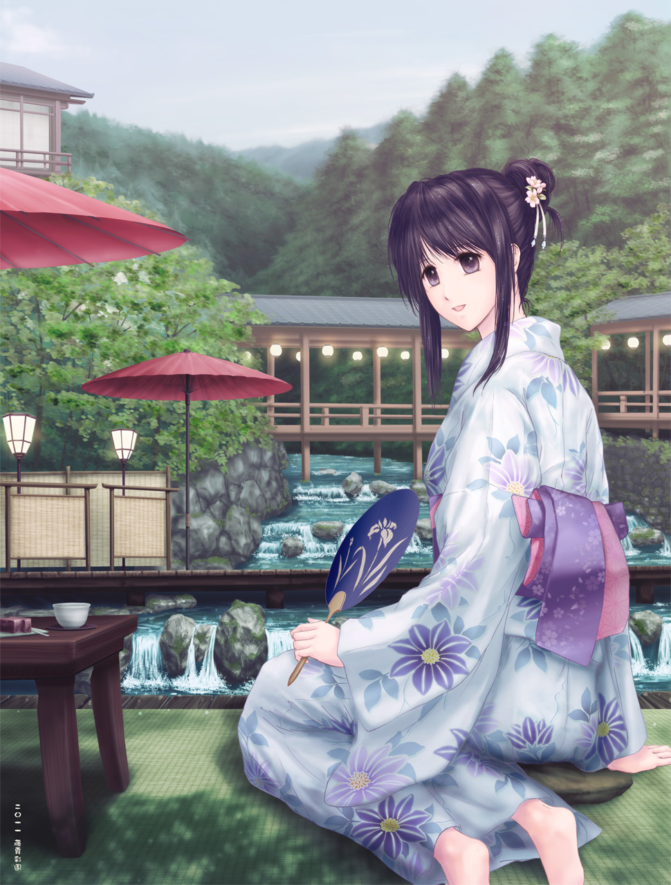 1girl, architecture, arm_support, barefoot, black_eyes, black_hair, blue_kimono, dated