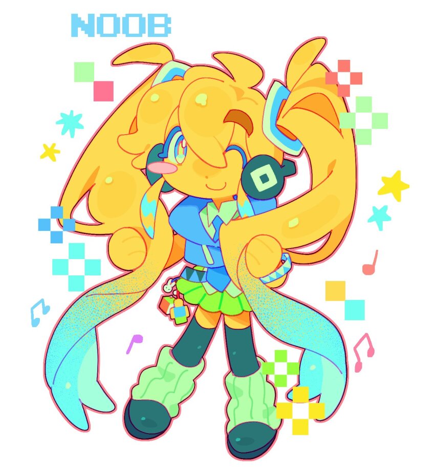 1other, adapted_costume, androgynous, black_thighhighs, blonde_hair, blue_necktie, chibi, closed_mouth, collared_shirt, cosplay, full_body, gradient_hair, green_skirt, hatsune_miku, hatsune_miku_(cosplay), highres, leg_warmers, long_hair, looking_at_viewer, multicolored_hair, necktie, noob_(roblox), one_eye_closed, raccoon_tails_(hairstyle), roblox, shirt, sidelocks, skirt, smile, solo, tearryd, thighhighs, very_long_hair, vocaloid, white_leg_warmers, white_shirt