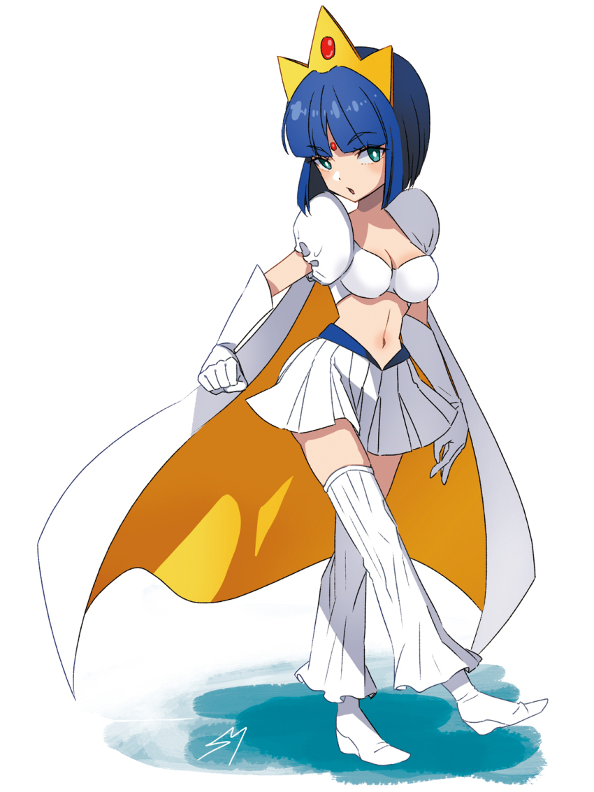 1girl, blue_hair, breasts, cape, cleavage, crown, daikaijuu_monogatari, full_body, gloves, highres, kirara_(daikaijuu_monogatari), looking_at_viewer, midriff, navel, parted_lips, pleated_skirt, sarusaru_naoto, shoes, short_hair, skirt, solo, white_cape, white_gloves, white_shoes, white_skirt