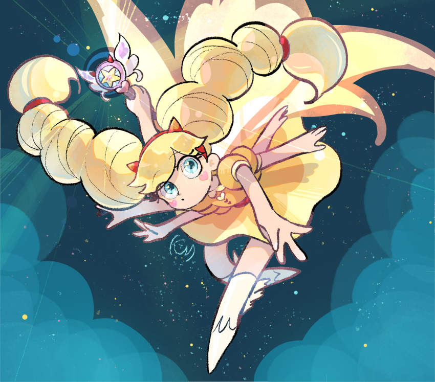 1girl, blonde_hair, blue_eyes, dress, facial_mark, fake_horns, golden_star_butterfly, hairband, heart, heart_cheeks, heart_facial_mark, highres, horns, kanna-s-w-p-p-love, long_hair, looking_at_viewer, marking_on_cheek, markings_on_cheeks, royal_magic_wand_(svtfoe), solo, star_butterfly, star_vs_the_forces_of_evil, wand, winged_wand