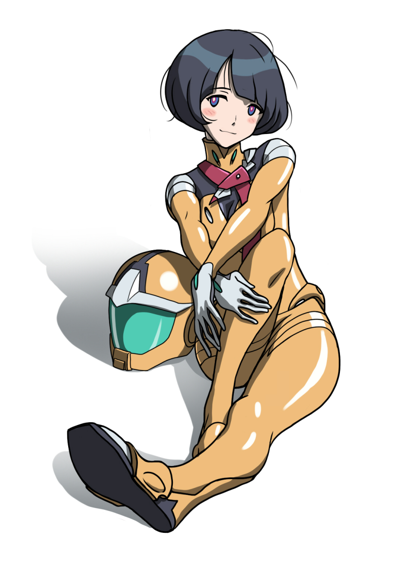 1girl, black_hair, blue_eyes, blush_stickers, bob_cut, bodysuit, breasts, closed_mouth