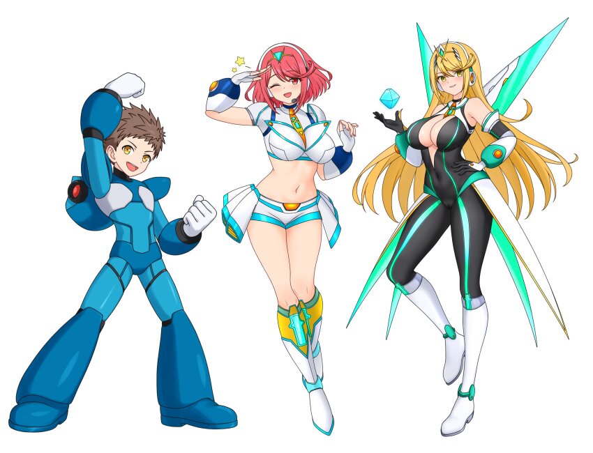 1boy, 2girls, absurdres, armor, black_bodysuit, blonde_hair, blue_armor, blue_helmet