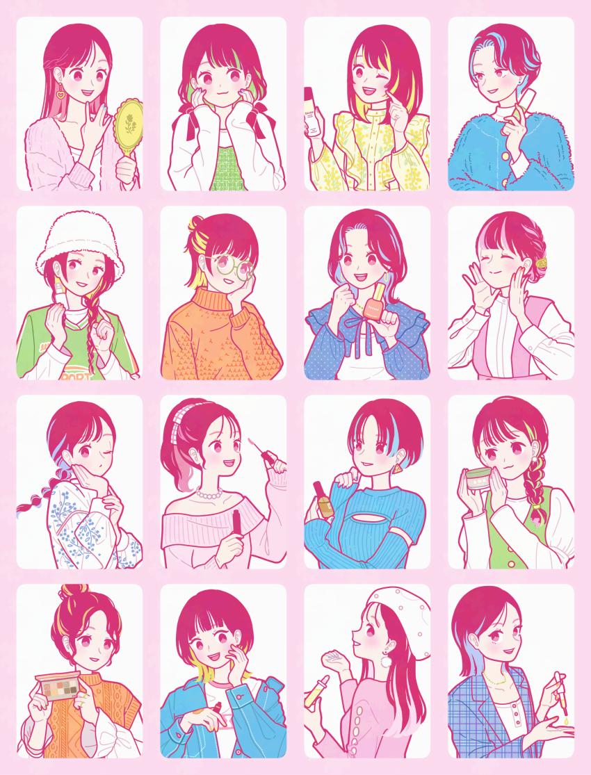 6+girls, absurdres, aran_sweater, bare_shoulders, beret, black_hair, blonde_hair, blue_hair