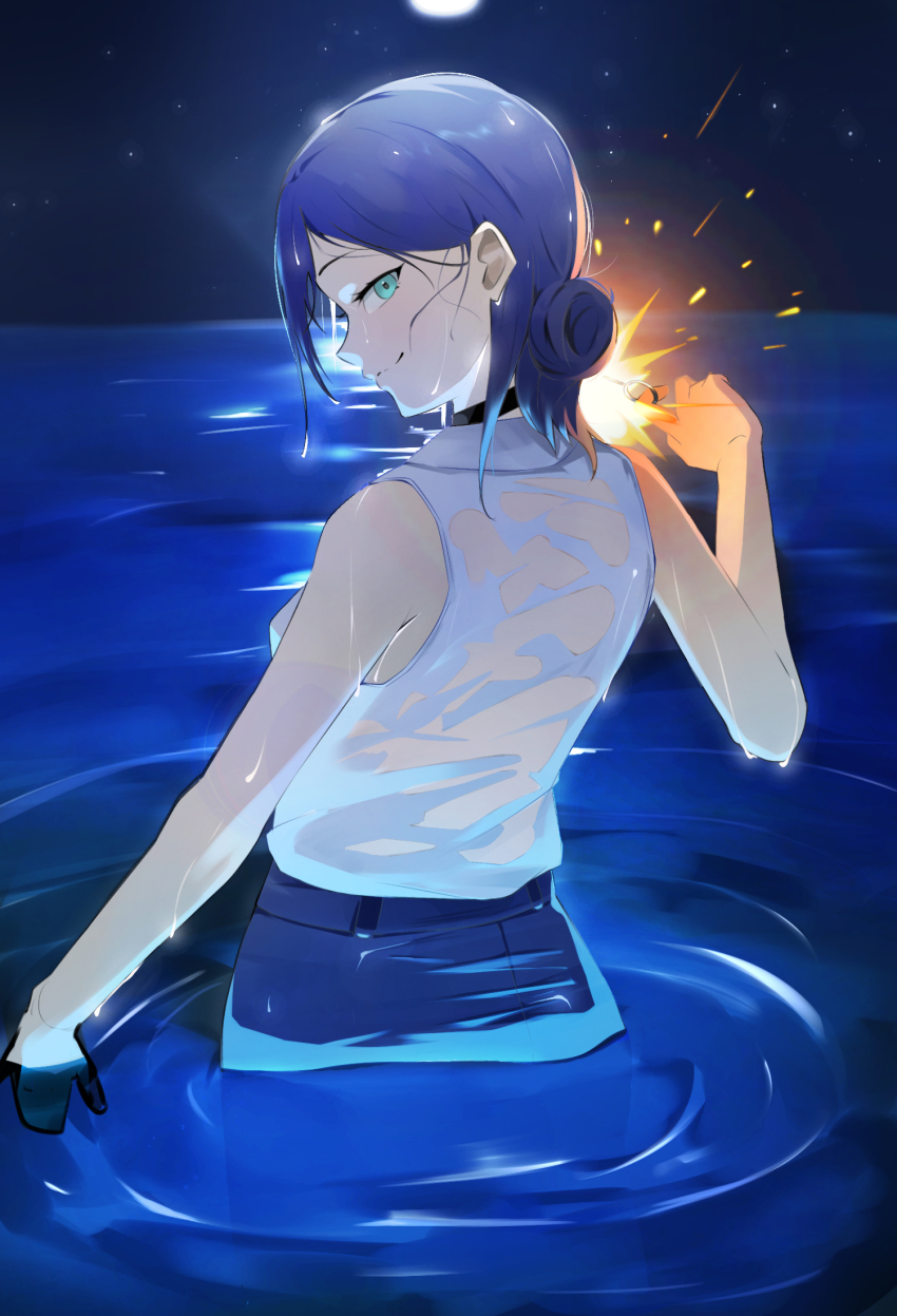 1girl, art_eichi, black_choker, blue_hair, blue_shorts, chainsaw_man, choker, closed_mouth, commentary, from_behind, green_eyes, hair_bun, highres, imminent_explosion, looking_back, night, outdoors, partially_submerged, pool, reze_(chainsaw_man), shirt, shorts, smile, solo, water, wet, wet_clothes, wet_shirt, white_shirt