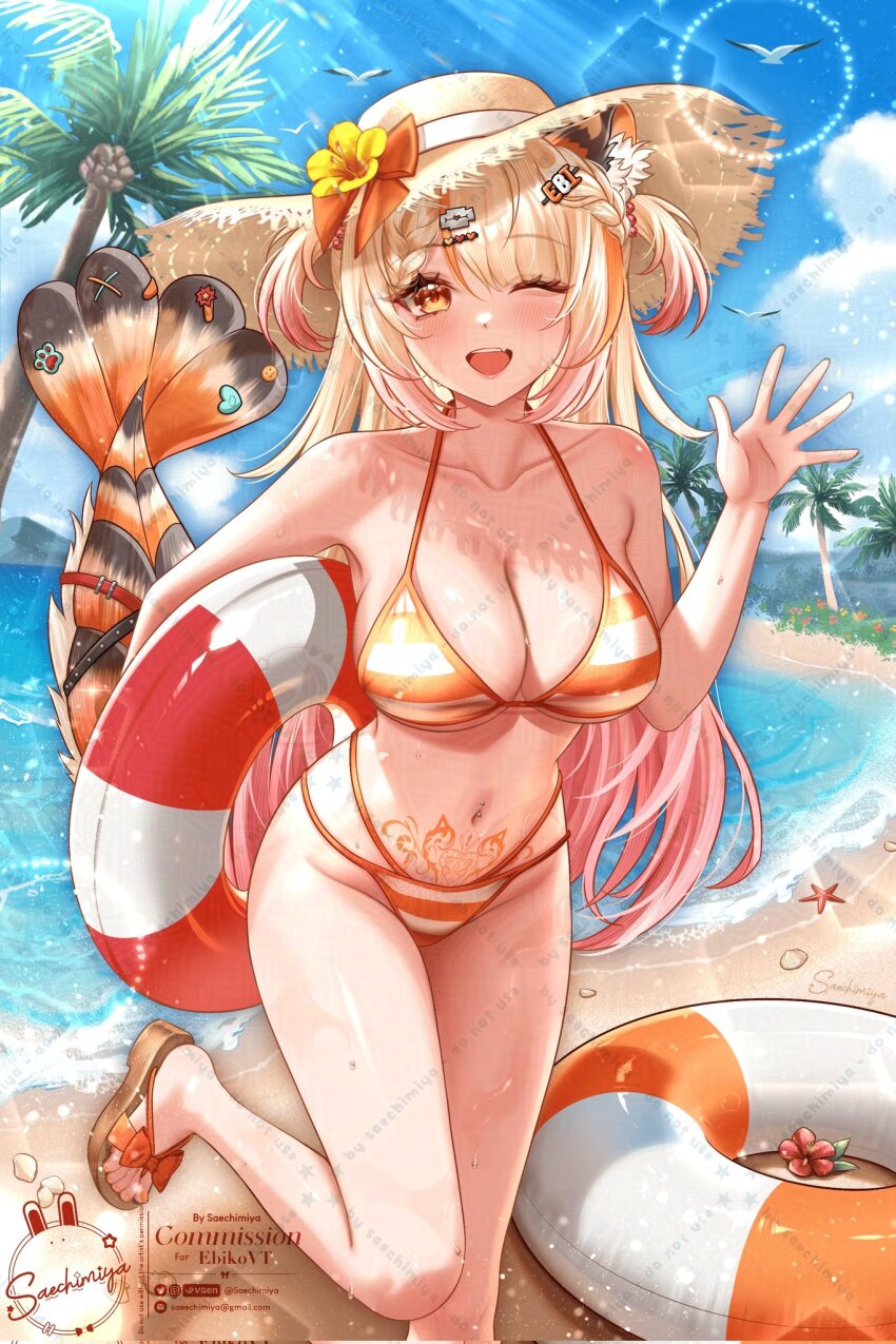 1girl, animal_ears, beach, bikini, blonde_hair, breasts, cleavage, collarbone