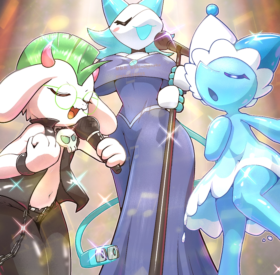 1boy, 2girls, 610493, animal_ears, blue_dress, blue_skin, blush, cable