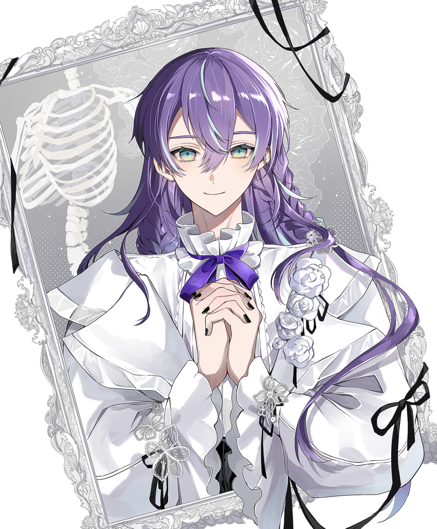 1boy, aka_shiro_mt, alternate_costume, alternate_hairstyle, black_nails, black_ribbon, blush, bow