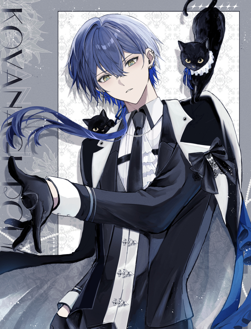 1boy, aka_shiro_mt, arm_at_side, black_cat, black_gloves, black_jacket, black_necktie, blue_hair