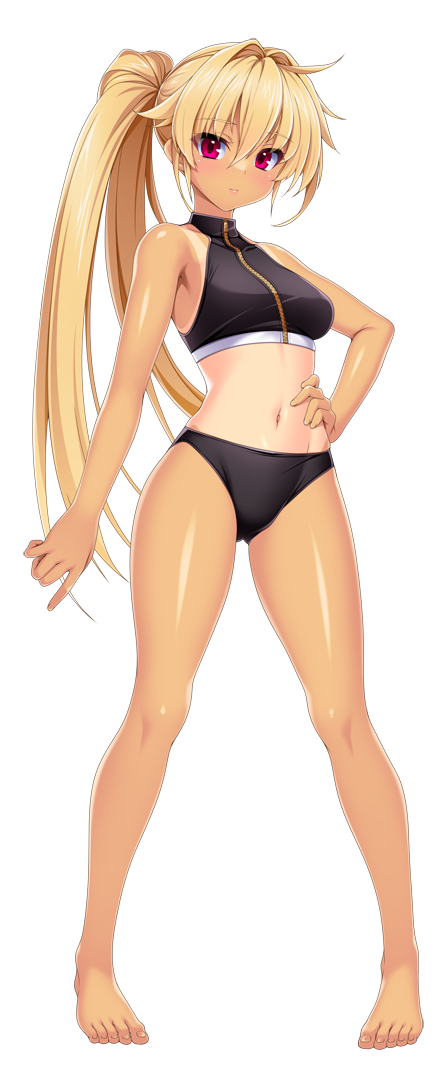 1girl, barefoot, bikini, black_bikini, blonde_hair, breasts, full_body, game_cg, hair_intakes, hand_on_own_hip, kamitsurugi_ouka, kouyoku_senki_exs-tia_concert, large_variant_set, long_hair, looking_at_viewer, medium_breasts, navel, non-web_source, official_art, one-piece_tan, oosumi_kanon, ponytail, red_eyes, self-datamine, side_ponytail, solo, sports_bikini, standing, swimsuit, tachi-e, tan, tanline, transparent_background, variant_set, zipper