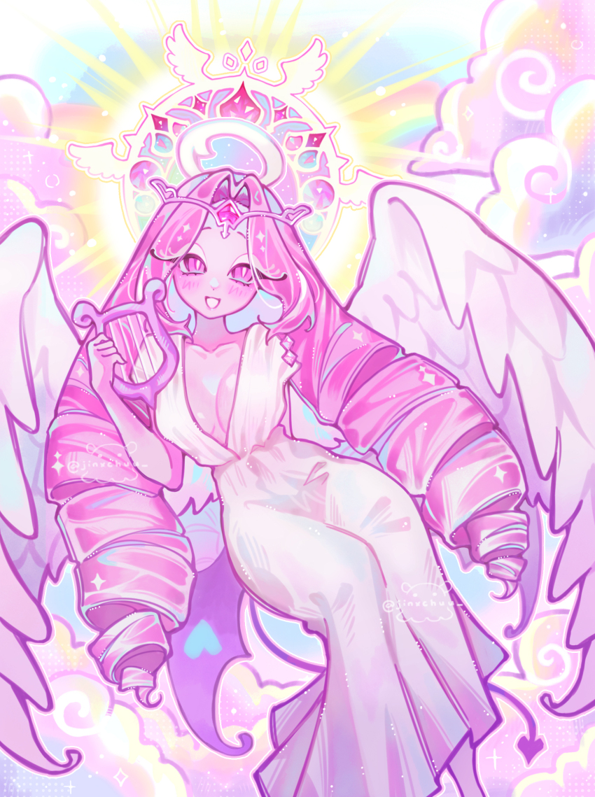 1girl, ancient_greek_clothes, angel_wings, artist_name, blush, breasts, bright_pupils, chiton