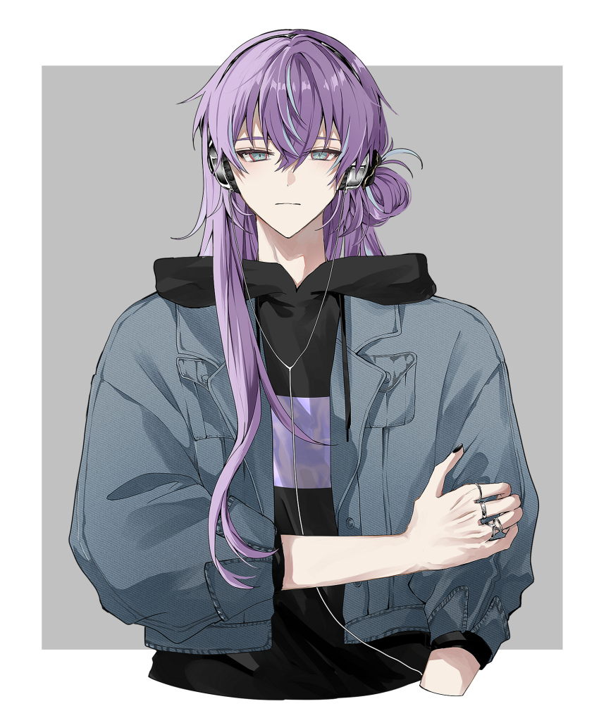 1boy, aka_shiro_mt, alternate_costume, black_hoodie, black_nails, blue_hair, blue_jacket, border