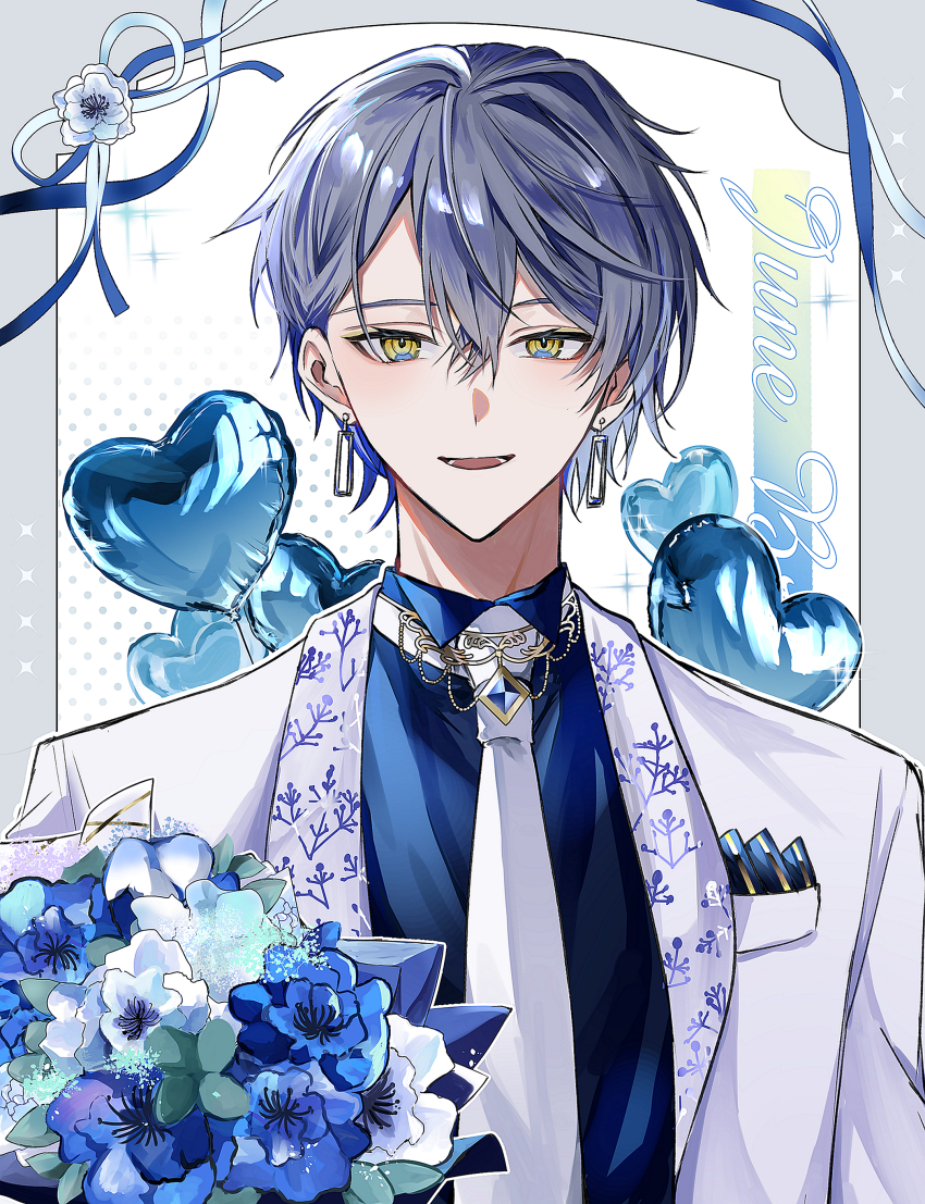 1boy, absurdres, aka_shiro_mt, balloon, blue_flower, blue_hair, blue_ribbon, blue_shirt