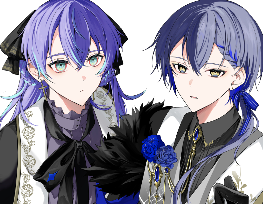 2boys, aka_shiro_mt, alternate_costume, black_bow, black_bowtie, black_gloves, black_jacket, black_ribbon