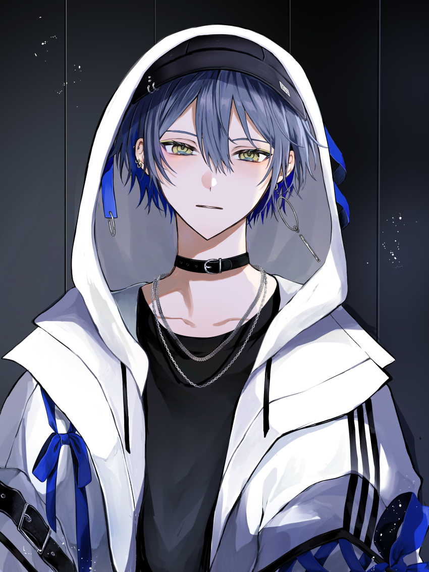 1boy, absurdres, against_wall, aka_shiro_mt, black_collar, black_hat, black_shirt, blue_hair