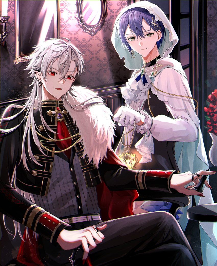 2boys, absurdres, aka_shiro_mt, ascot, black_jacket, black_pants, black_vest, blue_hair