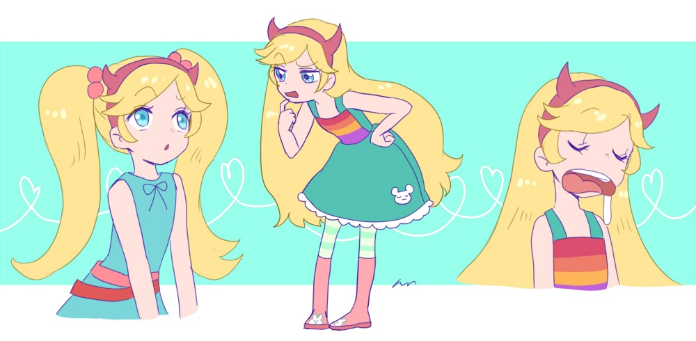 1girl, aqua_dress, blonde_hair, blue_eyes, boots, dress, fake_horns, hairband, horn_hairband, horned_headwear, horns, long_hair, nuntaso, open_mouth, pantyhose, star_butterfly, star_vs_the_forces_of_evil, striped_clothes, striped_pantyhose, twintails