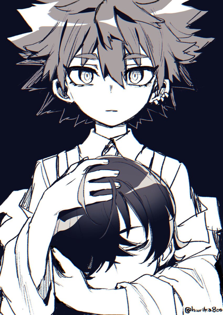 1boy, 1girl, closed_eyes, disembodied_head, greyscale, hair_between_eyes, hair_over_one_eye, highres