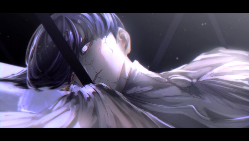 1other, absurdres, androgynous, blue_hair, colored_skin, dress, grey_eyes, highres