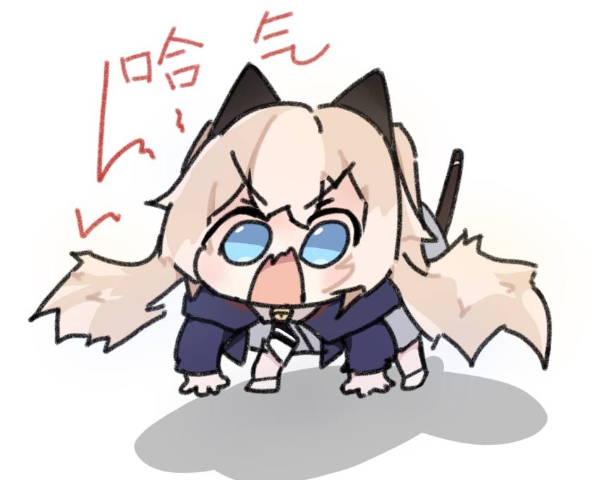 1girl, all_fours, animal_ears, bell, blonde_hair, blue_eyes, blush, cat_ears