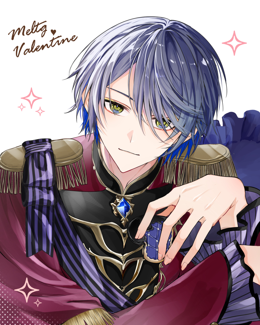 1boy, aka_shiro_mt, alternate_costume, black_shirt, blue_eyes, blue_hair, brooch, colored_inner_hair