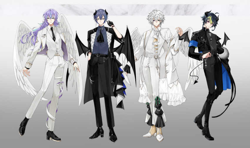 4boys, absurdres, ahoge, aka_shiro_mt, alternate_costume, angel_wings, black_gloves, black_hair, black_necktie, black_shoes, black_suit, blue_coat, blue_nails, coat, collared_shirt, commentary_request, demon_boy, demon_horns, demon_tail, demon_wings, dytica_(nijisanji), formal_clothes, frown, full_body, gloves, gradient_background, green_eyes, green_hair, grey_background, grey_hair, grey_shirt, heterochromia, highres, horns, hoshirube_sho, inami_rai, jacket, koyanagi_rou, layered_shirt, long_hair, looking_at_viewer, male_focus, mini_wings, multicolored_hair, multiple_boys, murakumo_kagetsu, necktie, nijisanji, open_clothes, open_coat, pants, pink_eyes, purple_eyes, purple_hair, shirt, shoes, short_hair, smile, streaked_hair, suit, tail, two-sided_coat, two-sided_fabric, vest, virtual_youtuber, white_hair, white_jacket, white_pants, white_suit, white_vest, wings, yellow_eyes