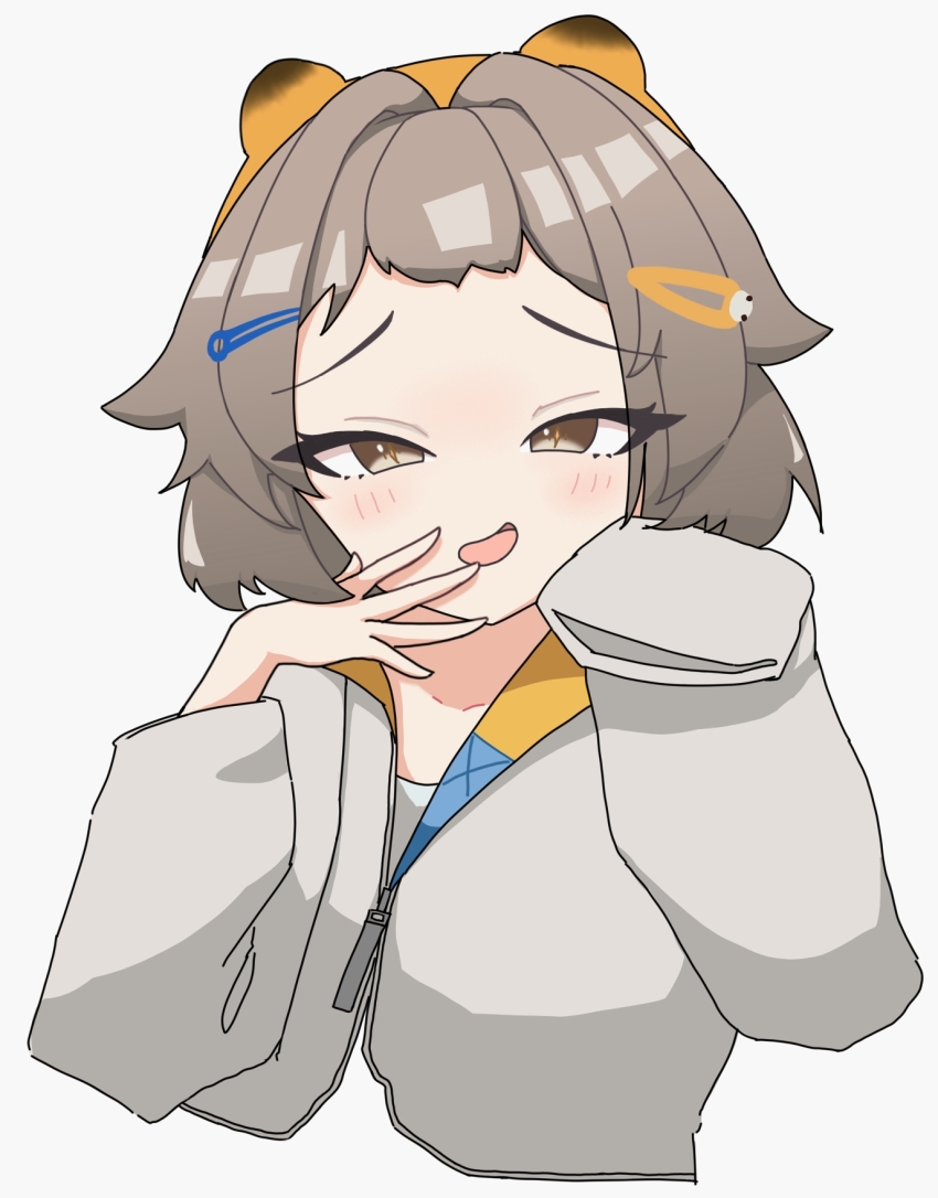 1girl, blush, brown_hair, collarbone, hair_intakes, hair_ornament, hairclip, hand_to_own_mouth, hands_up, highres, hood, hoodie, kageyun, kokona_(holiday_adventure)_(strinova), kokona_(strinova), looking_at_viewer, open_mouth, paw_pose, sidelocks, simple_background, smug, solo, squinting, strinova, tongue, white_background, zipper