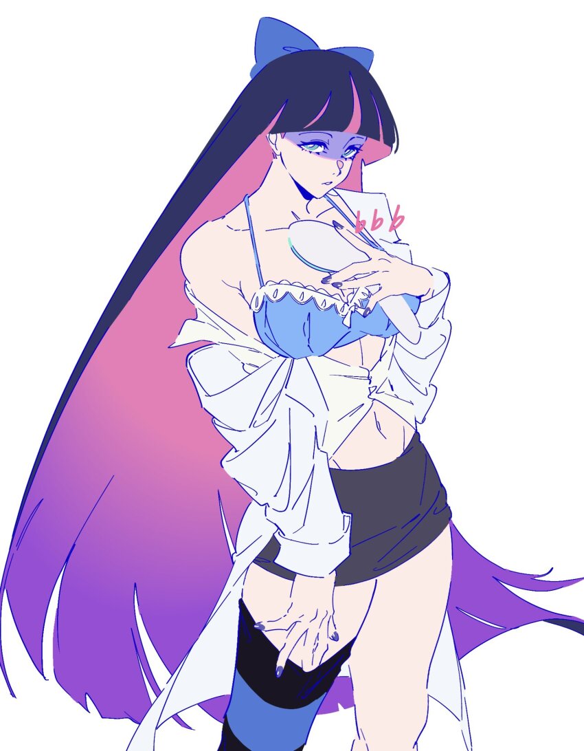 1girl, bb_zatta, blue_bra, blue_panties, bra, breasts, chinese_commentary, cleavage, colored_inner_hair, commentary_request, highres, large_breasts, long_hair, looking_at_viewer, midriff, multicolored_hair, navel, panties, panty_&amp;_stocking_with_garterbelt, pink_hair, simple_background, solo, speech_bubble, stocking_(psg), underwear, very_long_hair, white_background