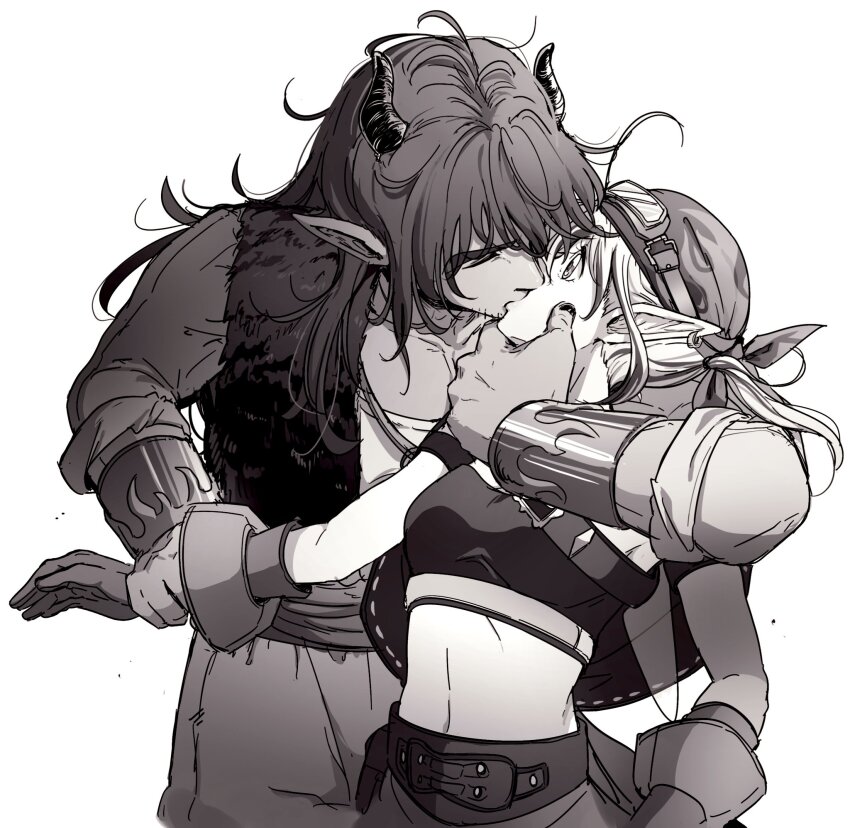 1boy, 1girl, bandana, bracer, collarbone, commentary_request, couple, cowboy_shot