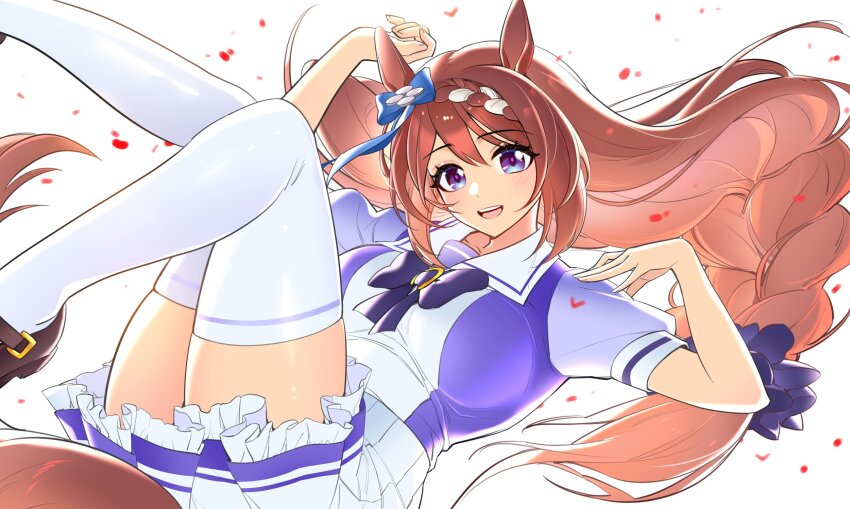 1girl, animal_ears, blue_eyes, blush, bow, braid, breasts, brown_hair, hair_between_eyes, highres, horse_ears, horse_girl, horse_tail, large_breasts, long_hair, looking_at_viewer, multicolored_hair, open_mouth, petals, puffy_short_sleeves, puffy_sleeves, purple_bow, purple_serafuku, purple_shirt, sailor_collar, sailor_shirt, school_uniform, serafuku, shirt, short_sleeves, simple_background, skirt, smile, solo, streaked_hair, super_creek_(umamusume), tail, teeth, thighhighs, thighs, tracen_school_uniform, umamusume, upper_teeth_only, very_long_hair, white_background, white_hair, white_sailor_collar, white_skirt, white_thighhighs, xiafei97, zettai_ryouiki