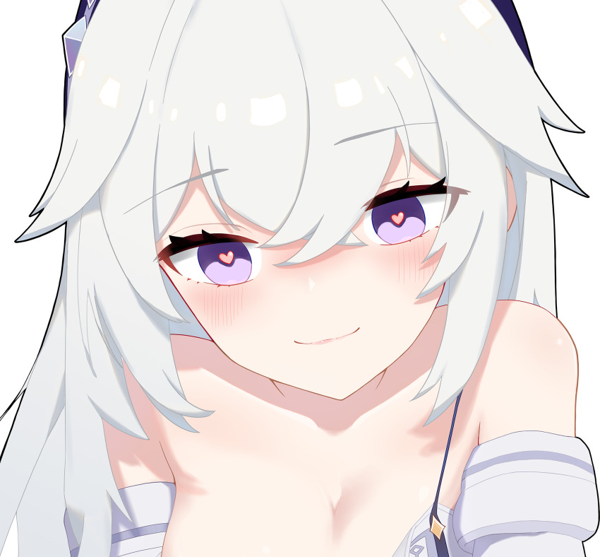 1girl, bare_shoulders, blush, breasts, celestia_(midsummer_night)_(strinova), celestia_(strinova), cleavage, collarbone, hair_between_eyes, hair_ornament, heart, heart-shaped_pupils, highres, kageyun, looking_at_viewer, medium_breasts, off_shoulder, official_alternate_costume, purple_eyes, sidelocks, simple_background, smile, solo, strinova, symbol-shaped_pupils, white_background, white_hair
