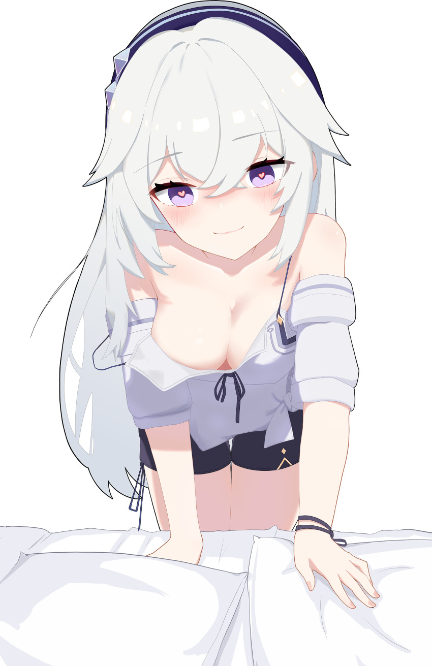 1girl, absurdres, bare_shoulders, bed, bed_sheet, blush, breasts, celestia_(midsummer_night)_(strinova), celestia_(strinova), cleavage, collarbone, hair_between_eyes, hair_ornament, heart, heart-shaped_pupils, highres, kageyun, leaning_forward, looking_at_viewer, medium_breasts, off_shoulder, official_alternate_costume, pillow, purple_eyes, shorts, sidelocks, simple_background, smile, solo, strinova, symbol-shaped_pupils, thighs, white_background, white_hair