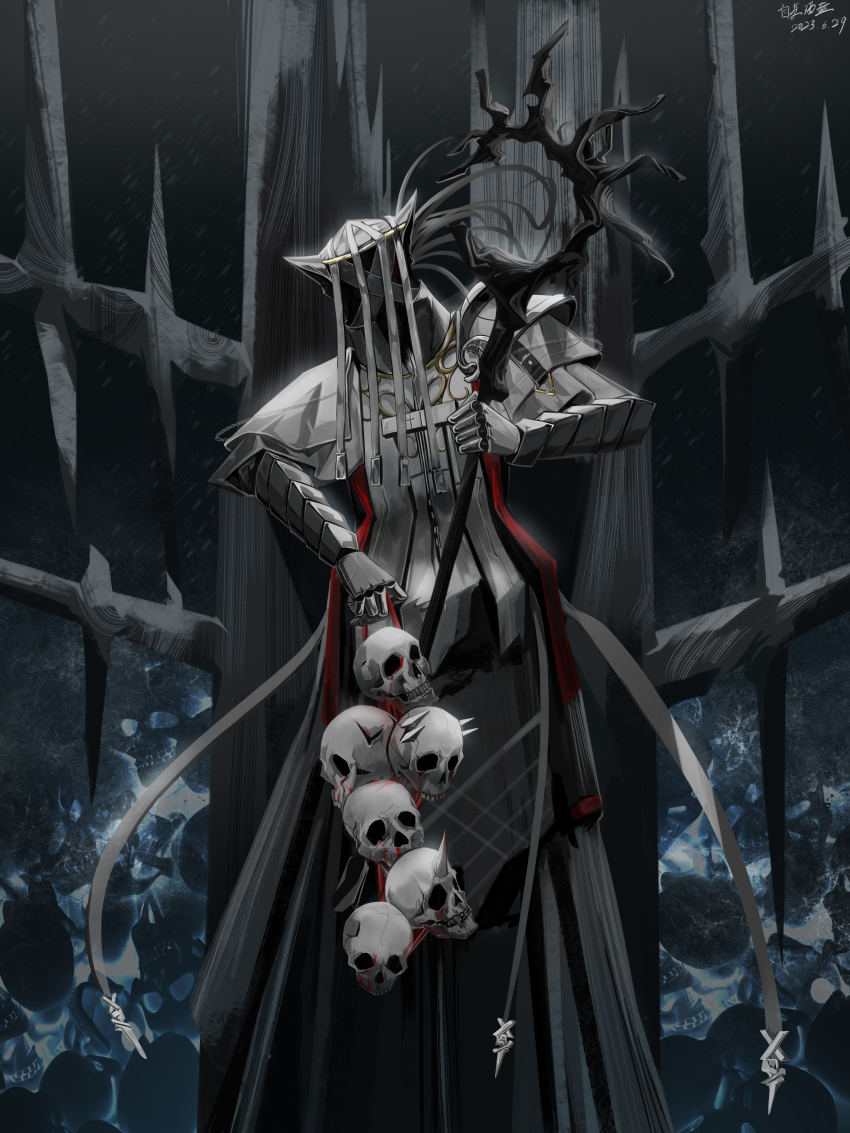 1boy, absurdres, arknights, armor, covered_face, faceless, faceless_male, full_armor, gloves, highres, holding, holding_skull, holding_staff, horns, nezzsalem_(arknights), skull, solo, staff, standing, zizaijiuhu