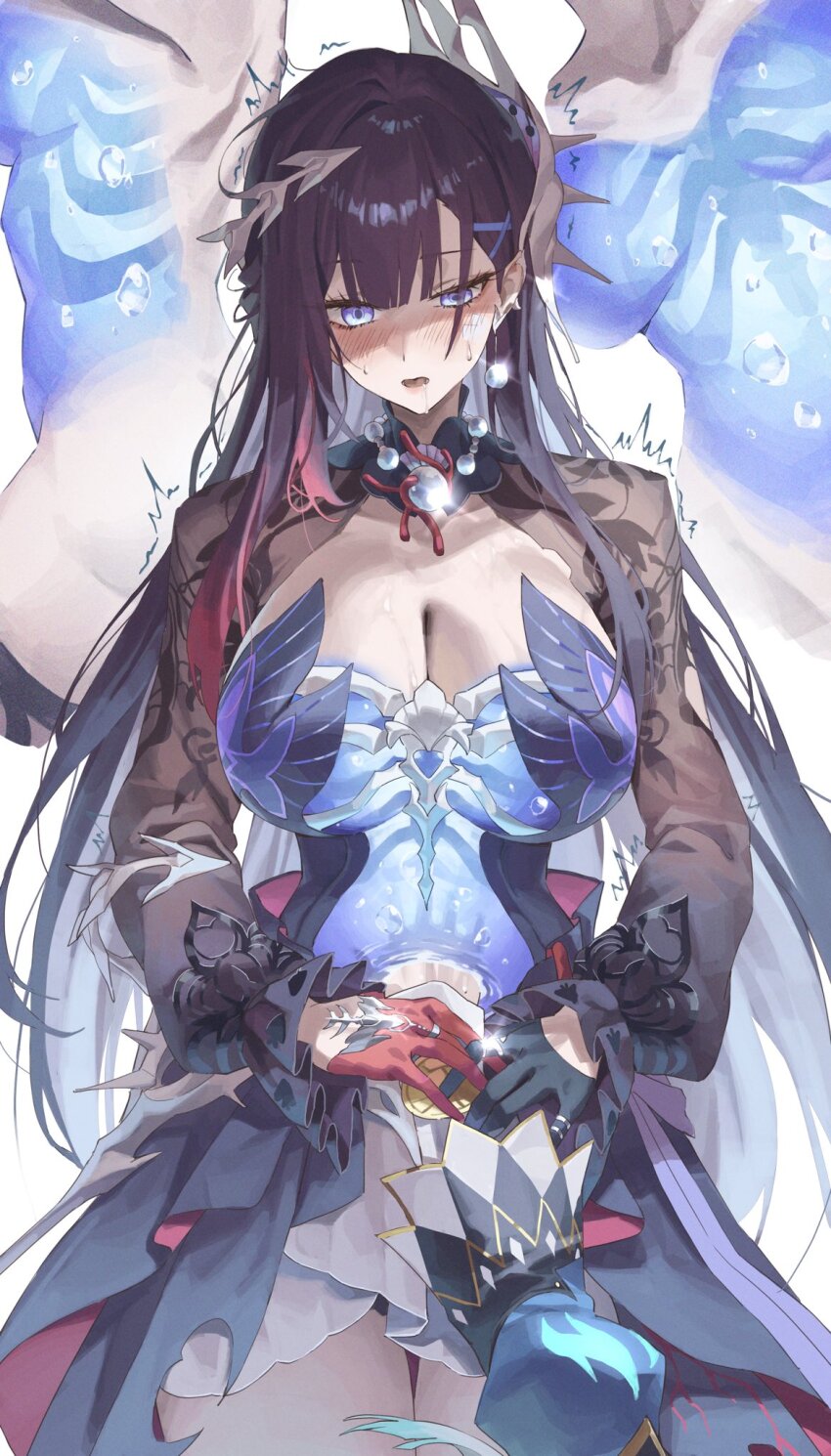1girl, asymmetrical_gloves, black_dress, black_gloves, black_shrug, blue_eyes, blush, breasts, cerydra_(honkai:_star_rail), cleavage, colored_inner_hair, commentary, cowboy_shot, dress, drooling, earclip, female_pov, framed_cleavage, gloves, grey_hair, hair_ornament, half-closed_eye, half-closed_eyes, highres, honkai:_star_rail, honkai_(series), hysilens_(honkai:_star_rail), jewelry, large_breasts, long_hair, long_sleeves, looking_at_hand, looking_down, mismatched_gloves, multicolored_hair, netural, open_mouth, partially_shaded_face, pov, pov_hands, purple_hair, red_gloves, ring, scales, see-through_body, shrug_(clothing), solo_focus, streaked_hair, untranslatable_commentary, thigh_gap, thighs, trembling, very_long_hair, wet, yuri