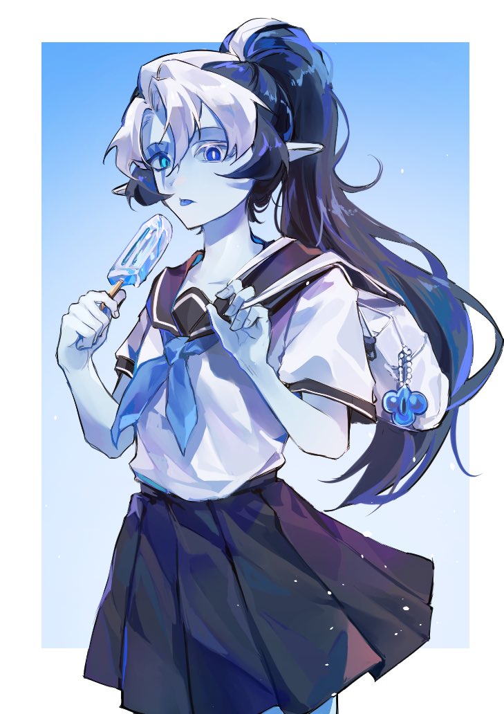 1girl, alternate_costume, alternate_hairstyle, aqua_sclera, asymmetrical_eyelashes, blue_eyes, blue_skin, colored_sclera, colored_skin, cookie_run, cookie_run:_kingdom, food, heterochromia, holding, holding_food, holding_popsicle, hyuni7777, long_hair, looking_at_viewer, ponytail, popsicle, school_uniform, shadow_milk_cookie, lady_in_azure, simple_background, slit_pupils, solo, very_long_hair, white_hair