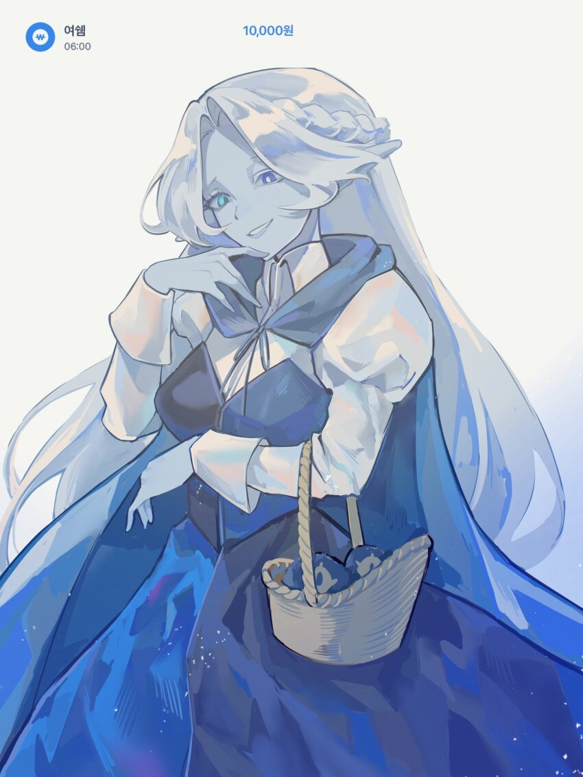1girl, aqua_sclera, asymmetrical_eyelashes, basket, blue_dress, blue_eyes, blue_skin, cloak