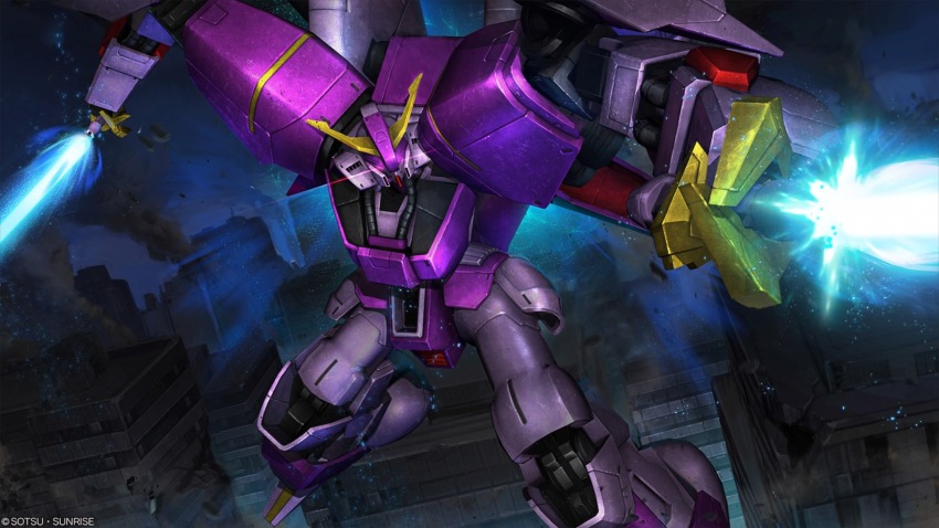 absurdres, battle, building, byalant_isolde, cable, dual_wielding, duel, energy_sword, flying, glowing, glowing_eyes, gundam, gundam_battle_operation_2, gundam_msv, highres, holding, lens_flare, machinery, mecha, mecha_focus, mobile_suit, night, no_humans, official_art, painting_(medium), realistic, red_eyes, robot, scan, science_fiction, sunrise_(company), sword, tenjin_hidetaka, thrusters, traditional_media, weapon, window