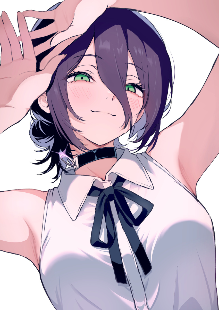 1girl, amenu_415, arms_up, black_choker, chainsaw_man, choker, closed_mouth, collared_shirt