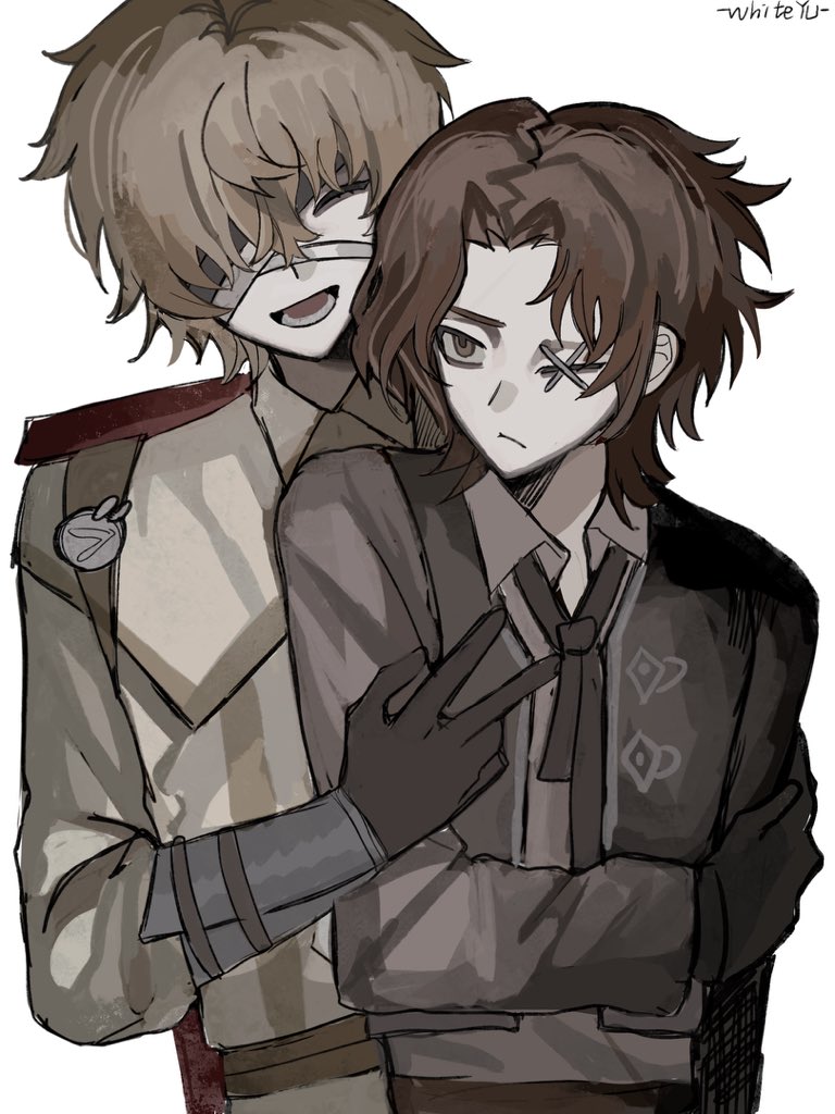 2boys, baiyu_whiteyu, bandage_over_one_eye, bandaged_head, bandages, black_gloves, black_ribbon, black_vest, blonde_hair, brown_eyes, brown_hair, closed_eyes, eyebrows_hidden_by_hair, florian_brand, gloves, hair_intakes, identity_v, looking_at_another, male_focus, matthias_czernin, multiple_boys, ribbon, v, vest, white_background