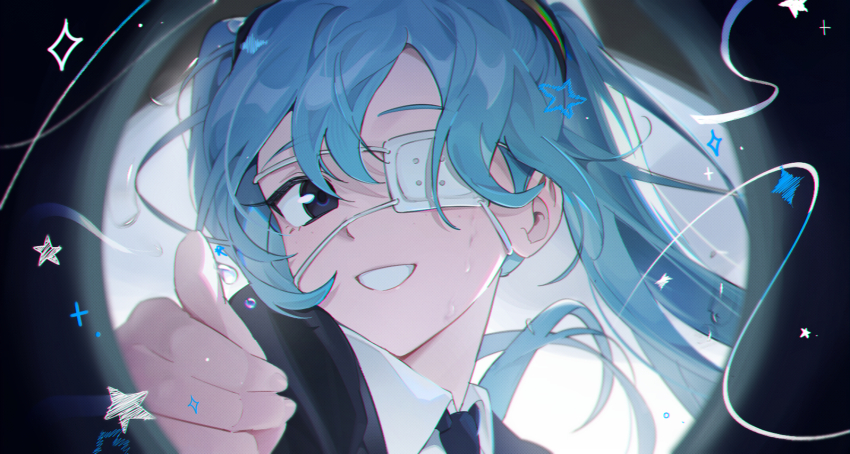 1girl, aqua_hair, black_eyes, black_jacket, black_necktie, cheese_(yongggam), collared_shirt, eyepatch