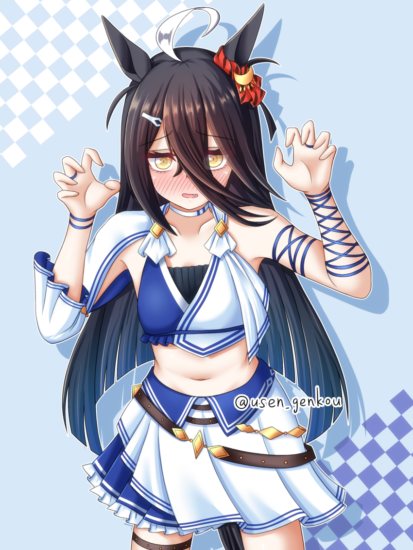 1girl, ahoge, animal_ears, black_hair, blue_shirt, blush, breasts, commentary_request