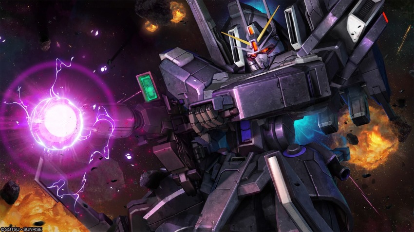 absurdres, aiming, battle, beam_rifle, cable, copyright_notice, debris, energy