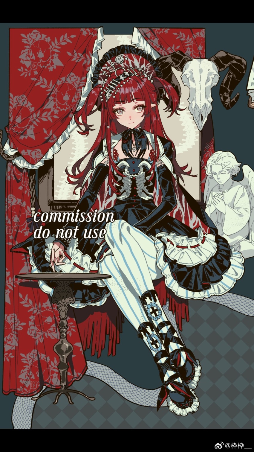 1girl, angel, animal_skull, black_dress, blunt_bangs, bone, bone_hair_ornament, bonnet