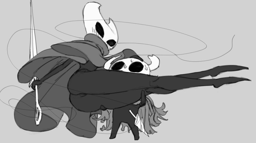 1boy, 1girl, absurdres, blush, blush_visible_through_mask, brother_and_sister, carrying, carrying_person, cloak, half-siblings, highres, holding, holding_weapon, hollow_knight, hollow_knight:_silksong, hornet_(hollow_knight), horns, knight_(hollow_knight), mask, siblings, simple_background, size_difference, string, sweat, wass_nonnam, weapon, weapon_on_hip